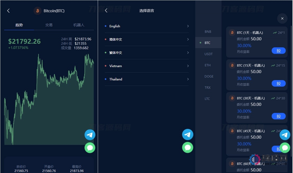 五语言BTC虚拟币质押投资理财_定期存币收益_加密货币机器人量化交易系统源码_内附搭建教程